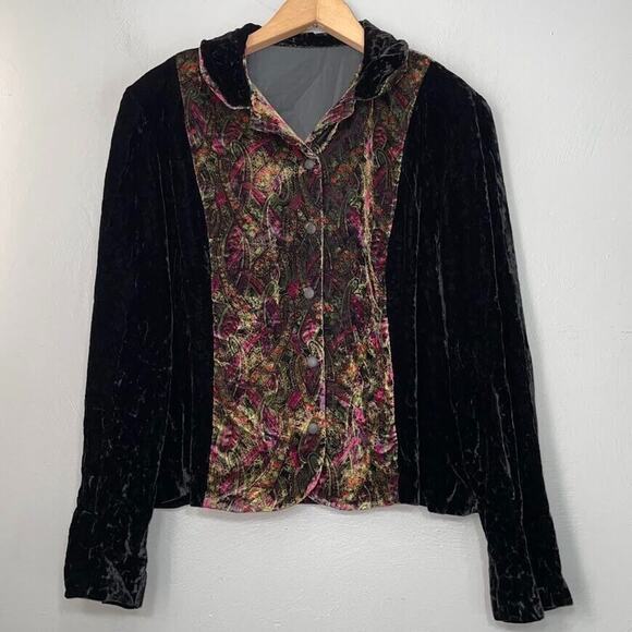 Womens Medium Crushed Velvet Dark Black Paisley Jacket Whimsigoth Regency Vamp - Picture 1 of 11